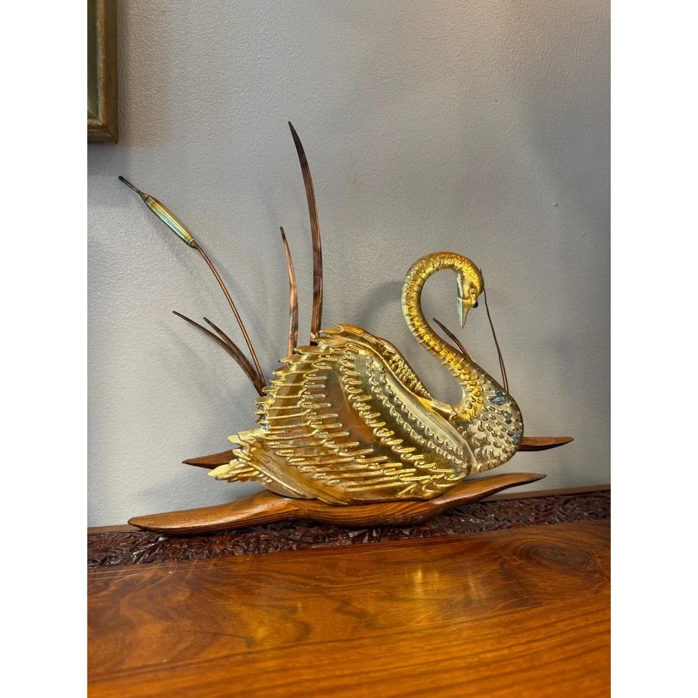 Vintage Brass Swan Wall Hanging • Mid Century Modern Bird Art